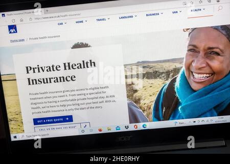 Axa Insurance Company on a laptop computer screen. Private Health Insurance page. Stock Photo