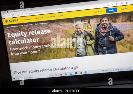 Aviva Insurance company website on laptop computer screen, UK, and retirement and investments, equity release calculator Stock Photo