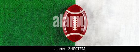 Symbol of american football ball plate on white and green background. Banner copy space. Stock Photo
