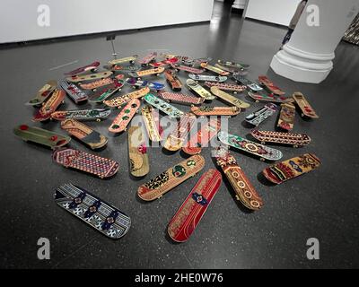 Maximum Sensation, 2010 by mounir fatmi; plywood, skateboards, textile. (Artist reflecting on cultural identity and porous boundaries), Brooklyn Museum. Stock Photo