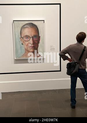 Painting and sculpture honoring Brooklyn born, Ruth Bader Ginsburg and her ongoing fight for justice throughout her career. Painting by Constance Peck Beaty; Vase by artist duo Crank takes a playful approach. emphasizing Ginsburg's broader popular culture appeal. Stock Photo