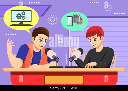 A vector illustration of Young Podcasters In the Studio Stock Vector