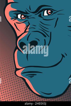 Gorilla head on a color background. A sly smile on his face. Wild animal primate. Vector cartoon illustration drawing. Pop art style Stock Vector