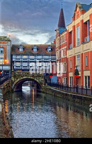 UK, Lincolnshire, Lincoln, High Bridge over the River Witham, Stokes Tea and Coffee Shop with the Waterside Shopping Centre on the right hand side. Stock Photo