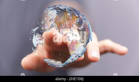 Male's hands holding an illustration of global network concept Stock Photo