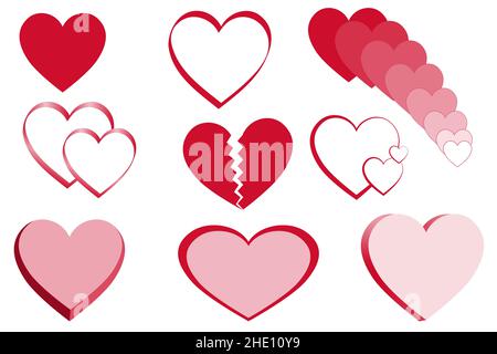 Collection of red hearts shapes - Vector Illustration Stock Vector