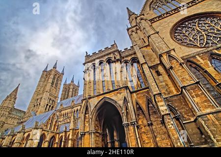 UK, Lincolnshire, Lincoln Cathedral Western Towers and South Facade Stock Photo