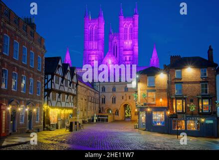 UK, Lincolnshire, Lincoln Cathedral West Front with Advent Illuminations viewed from Castle Square Stock Photo