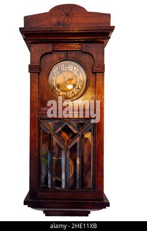 Old vintage antique carved wooden retro clock on white background Stock Photo