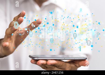 Businessman using illustrated data network with his fingers Stock Photo