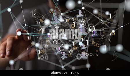 Businessman using illustrated data network with his fingers Stock Photo