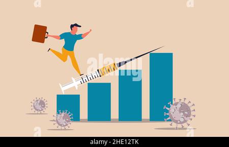 Economy after the coronavirus and impact to economic profit risk. Man run on graph and injection vector illustration concept. Business risk on chart a Stock Vector