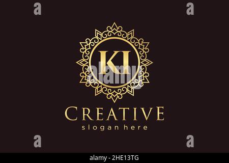 KI Initial Letter Luxury calligraphic feminine floral hand drawn heraldic monogram antique vintage style luxury logo design Premium Stock Vector