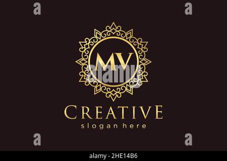MV Initial Letter Luxury calligraphic feminine floral hand drawn heraldic monogram antique vintage style luxury logo design Premium Stock Vector