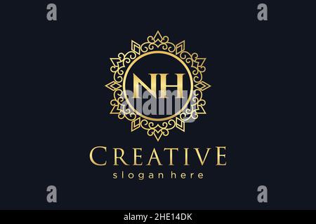 NH Initial Letter Luxury calligraphic feminine floral hand drawn heraldic monogram antique vintage style luxury logo design Premium Stock Vector