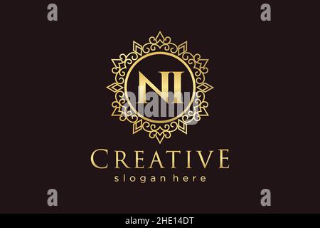 NI Initial Letter Luxury calligraphic feminine floral hand drawn heraldic monogram antique vintage style luxury logo design Premium Stock Vector