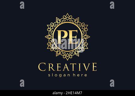 PE Initial Letter Luxury calligraphic feminine floral hand drawn heraldic monogram antique vintage style luxury logo design Premium Stock Vector