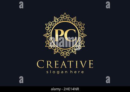 PC Initial Letter Luxury calligraphic feminine floral hand drawn heraldic monogram antique vintage style luxury logo design Premium Stock Vector