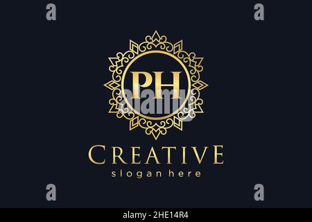 PH Initial Letter Luxury calligraphic feminine floral hand drawn heraldic monogram antique vintage style luxury logo design Premium Stock Vector