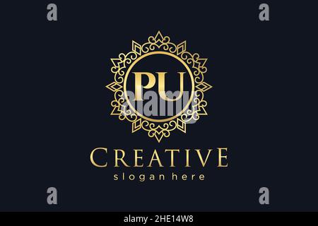 PU Initial Letter Luxury calligraphic feminine floral hand drawn heraldic monogram antique vintage style luxury logo design Premium Stock Vector