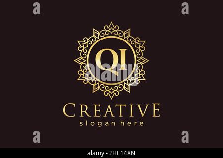 QI Initial Letter Luxury calligraphic feminine floral hand drawn heraldic monogram antique vintage style luxury logo design Premium Stock Vector