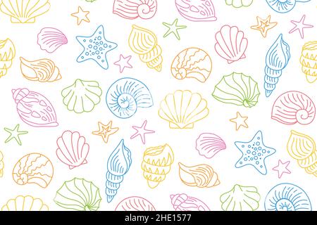 Seashells doodle multicolor wallpaper. Ocean marine shell, starfish mollusk, conch sink scrapbook seamless pattern. Outline repeat ornament. Contour hand drawn vector texture fabric packaging Stock Vector