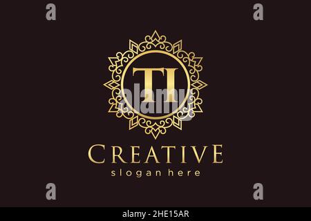 TI Initial Letter Luxury calligraphic feminine floral hand drawn heraldic monogram antique vintage style luxury logo design Premium Stock Vector