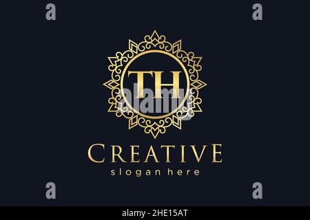 TH Initial Letter Luxury calligraphic feminine floral hand drawn heraldic monogram antique vintage style luxury logo design Premium Stock Vector