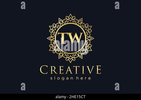 TW Initial Letter Luxury calligraphic feminine floral hand drawn heraldic monogram antique vintage style luxury logo design Premium Stock Vector