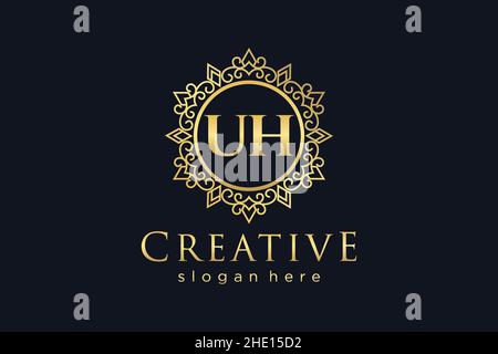 UH Initial Letter Luxury calligraphic feminine floral hand drawn heraldic monogram antique vintage style luxury logo design Premium Stock Vector