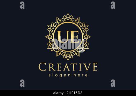 UE Initial Letter Luxury calligraphic feminine floral hand drawn heraldic monogram antique vintage style luxury logo design Premium Stock Vector