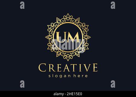 UM Initial Letter Luxury calligraphic feminine floral hand drawn heraldic monogram antique vintage style luxury logo design Premium Stock Vector