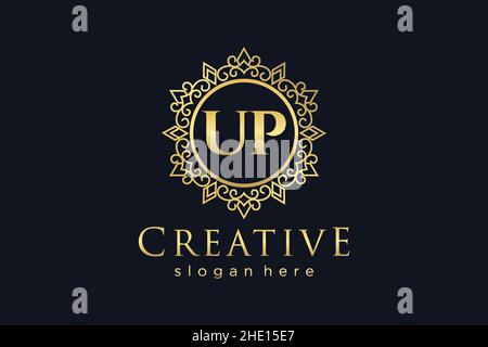 UP Initial Letter Luxury calligraphic feminine floral hand drawn heraldic monogram antique vintage style luxury logo design Premium Stock Vector