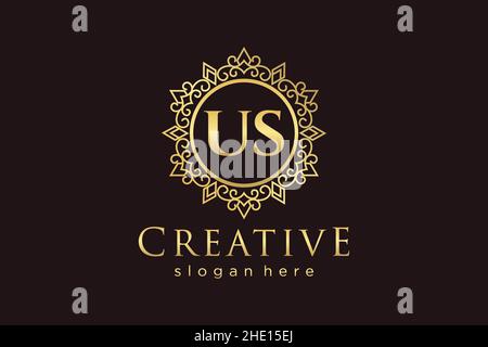 US Initial Letter Luxury calligraphic feminine floral hand drawn heraldic monogram antique vintage style luxury logo design Premium Stock Vector