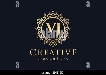 VJ Initial Letter Luxury calligraphic feminine floral hand drawn heraldic monogram antique vintage style luxury logo design Premium Stock Vector
