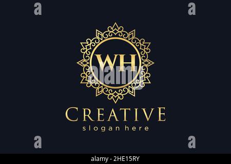 WH Initial Letter Luxury calligraphic feminine floral hand drawn heraldic monogram antique vintage style luxury logo design Premium Stock Vector