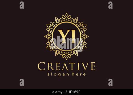 YI Initial Letter Luxury calligraphic feminine floral hand drawn heraldic monogram antique vintage style luxury logo design Premium Stock Vector