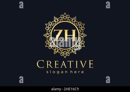 ZH Initial Letter Luxury calligraphic feminine floral hand drawn heraldic monogram antique vintage style luxury logo design Premium Stock Vector