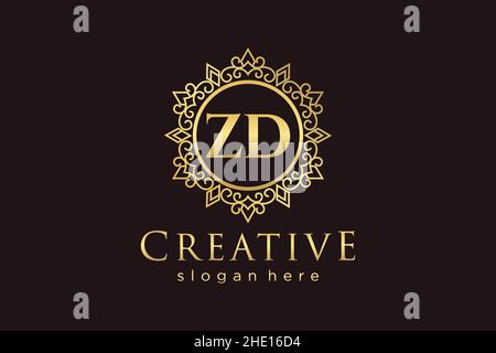 ZD Initial Letter Luxury calligraphic feminine floral hand drawn heraldic monogram antique vintage style luxury logo design Premium Stock Vector