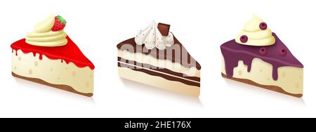 Cakes slice vector set design. Cheesecake and chocolate cake desserts collection with strawberry and blueberry fruit flavors for birthday and occasion. Stock Vector