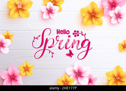 Spring flowers vector background design. Hello spring greeting text with colorful cherry blossom flower in white texture background for bloom season. Stock Vector