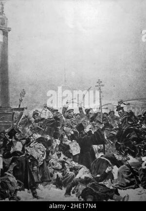 Troops massacring civilian protesters during the repression of the uprising in 1905. On 22 January 1905 thousands of demonstrators marched on the Winter Palace to air their grievances against working conditions. They were met by the army and the protest was stopped, with the loss of around 200 dead. Stock Photo