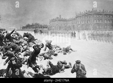 Troops massacring civilian protesters during the repression of the uprising in 1905. On 22 January 1905 thousands of demonstrators marched on the Winter Palace to air their grievances against working conditions. They were met by the army and the protest was stopped, with the loss of around 200 dead. Stock Photo