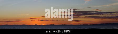 Panorama image of a dusk sky right after sunset over the Pacific Ocean shown in Panama. Stock Photo