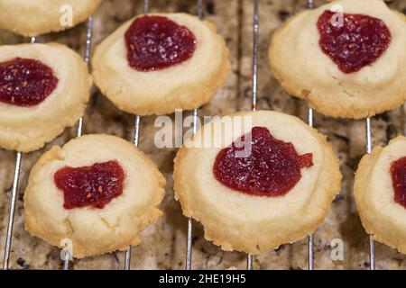 homemade raspberry shortbread thumbprint cookies cooling on a rack Stock Photo