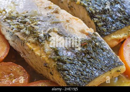 detail of freshly cooked salmon with vegetables Stock Photo