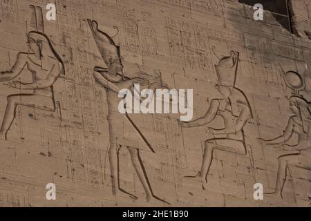 Ancient egyptian carvings on the exterior of the Edfu temple an archeological site in Egypt. Stock Photo