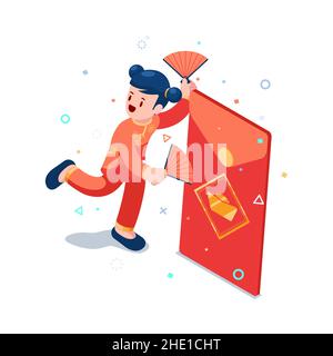 Flat 3d Isometric Chinese Woman Celebrating with Red Envelope. Happy Chinese New Year Concept. Stock Vector
