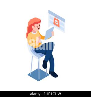 Flat 3d Isometric Young Woman on Stool Chair Shopping Online with Digital Tablet. Online Shopping Concept. Stock Vector