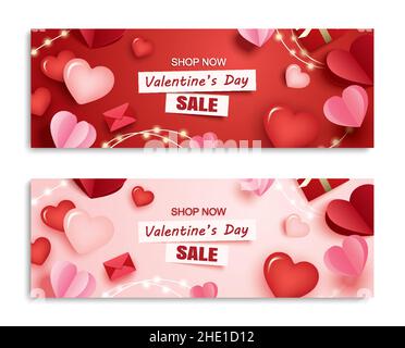 Valentines day sale banner template with heart and text on pink background. Stock Vector